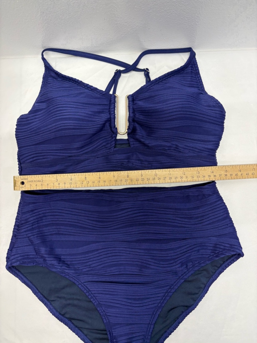 Navy Textured High-Waist Bikini Set with U-wire Detail cut out swimsuit Large - Picture 6 of 8